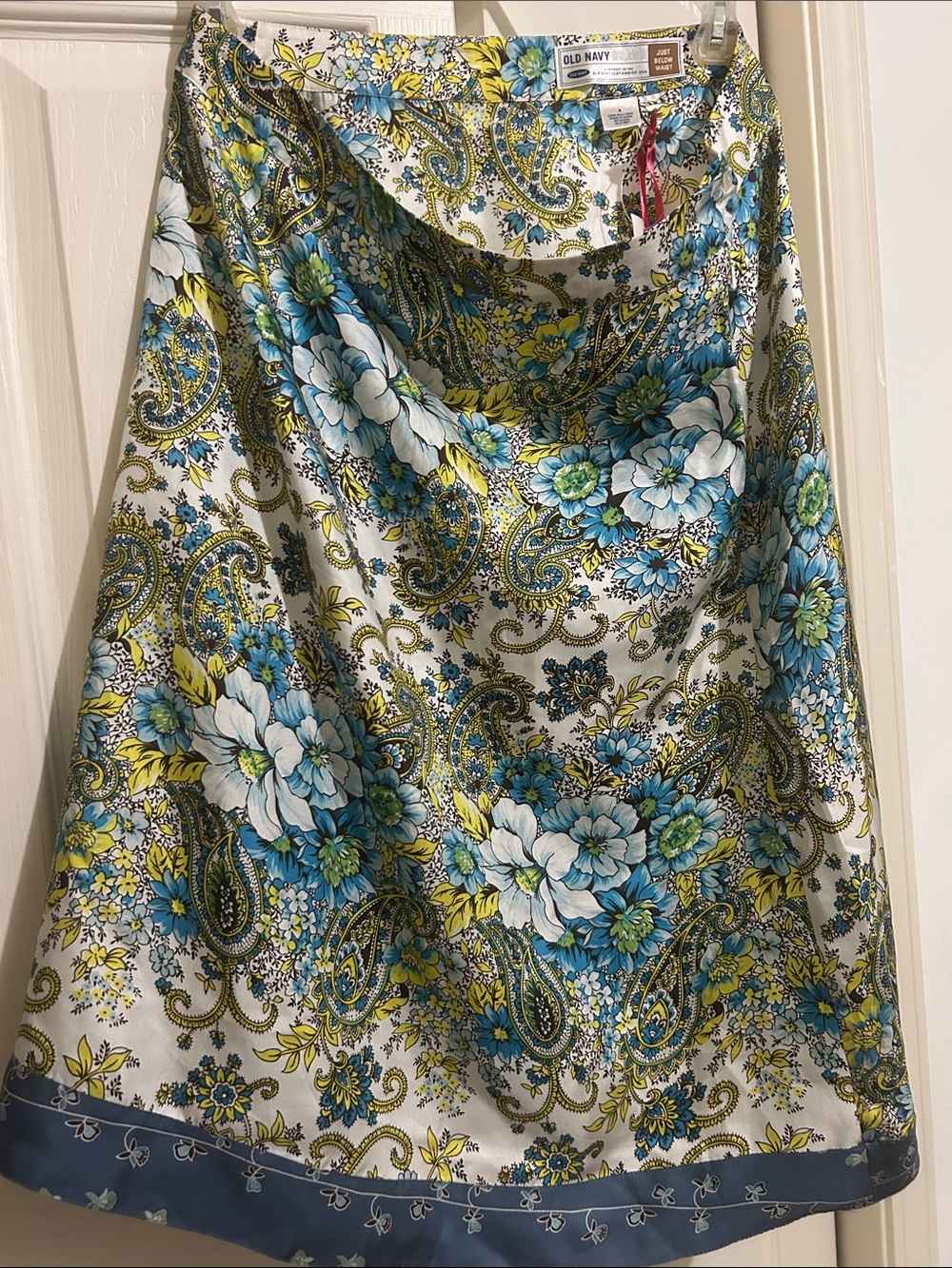 Vintage Y2K Old Navy 100% Silk Floral Paisley Midi Skirt Size 4 Blue Green